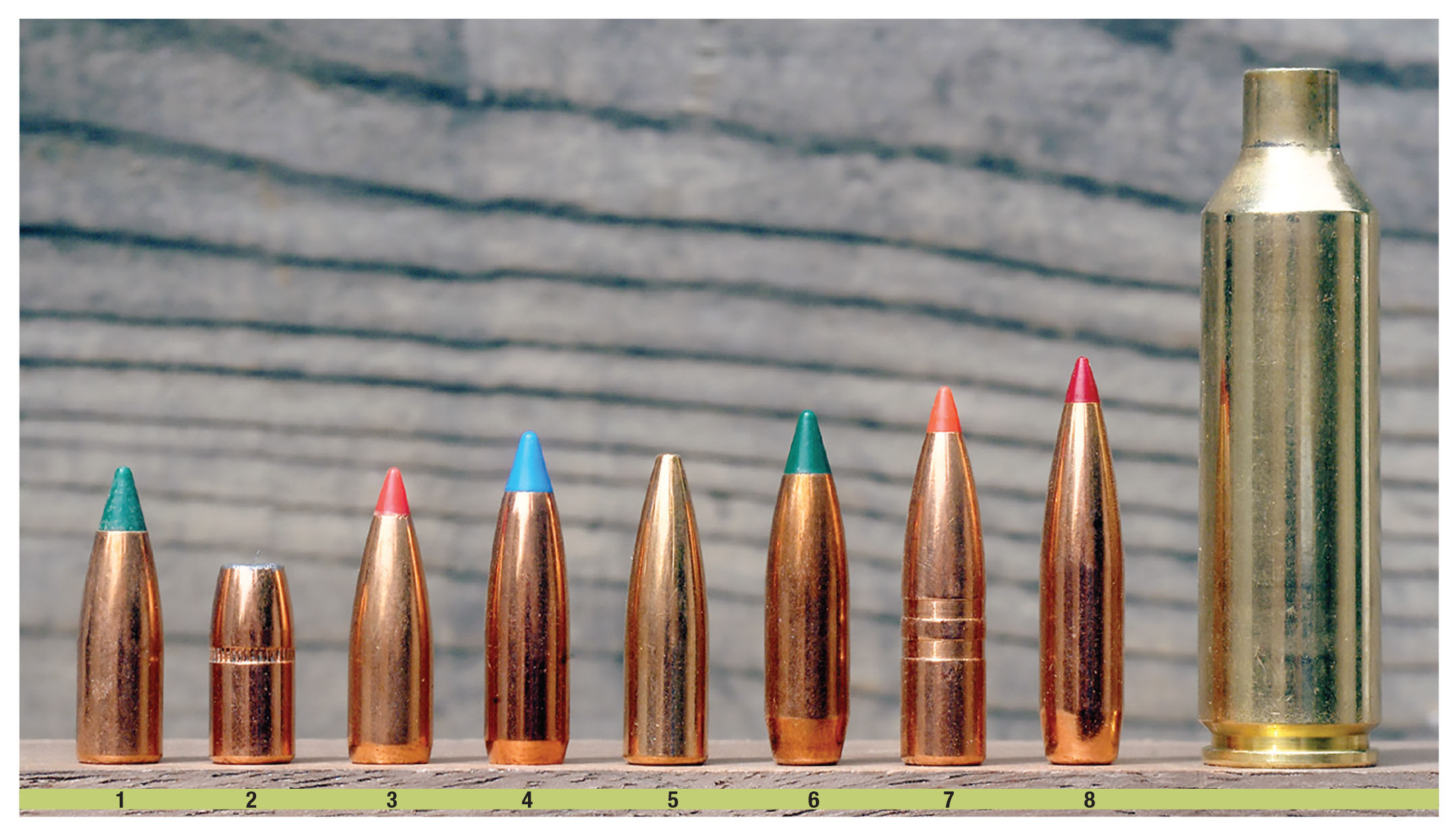Jim used eight different bullets in testing the .25-270 WSM wildcat: (1) Sierra 70-grain BlitzKing, (2) Speer 75-grain flatpoint (used for reduced loads), (3) Hornady 75-grain V-MAX, (4) Nosler 85-grain Ballistic Tip, (5) Speer 87-grain TNT, (6) Sierra 90-grain BlitzKing, (7) Hornady 90-grain GMX and (8) Hornady 110-grain ELD-X.